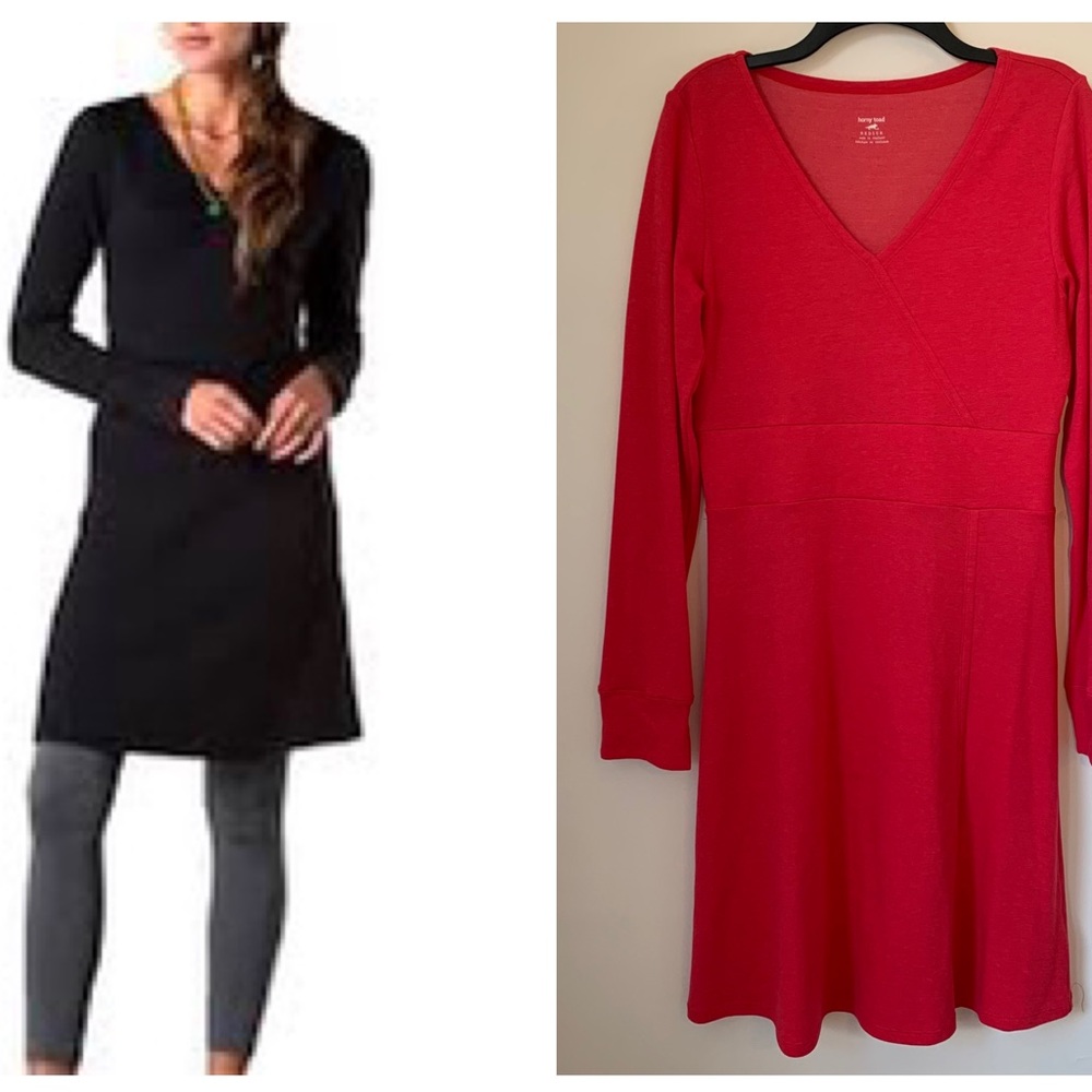 Simple V-Neck Long-Sleeve Knit Dress - Red